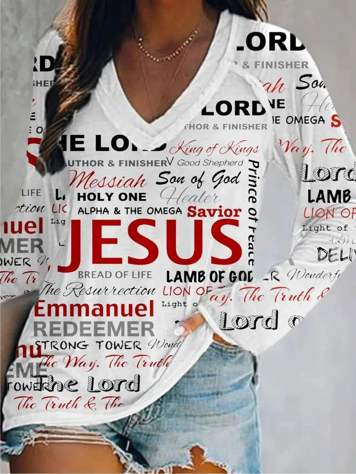 Jesus Name Long Sleeve V-Neck Top - God Cloth