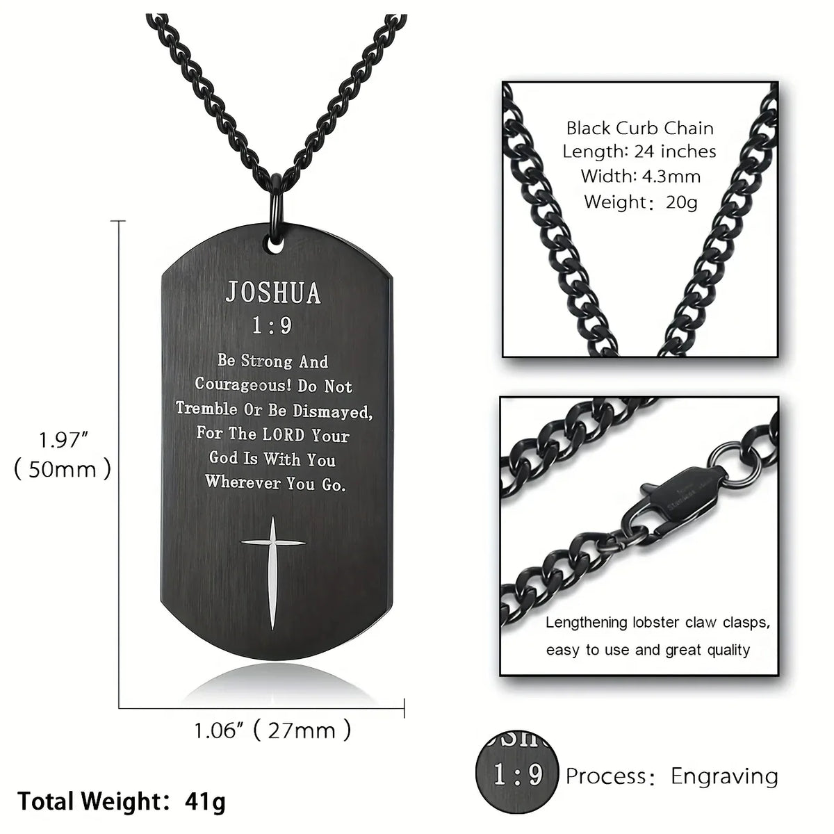 Black Stainless Steel Bible Verse Cross Necklace for Men - God Cloth