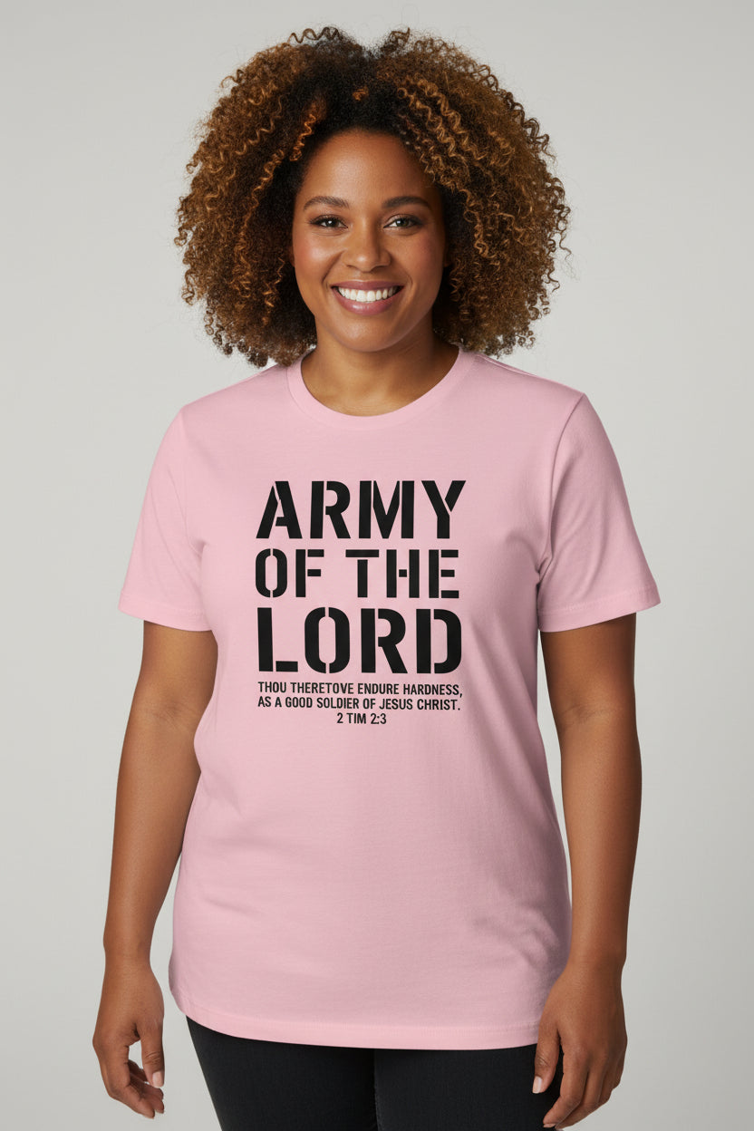 Pink t-shirt with 'Army of the Lord' text on a white background