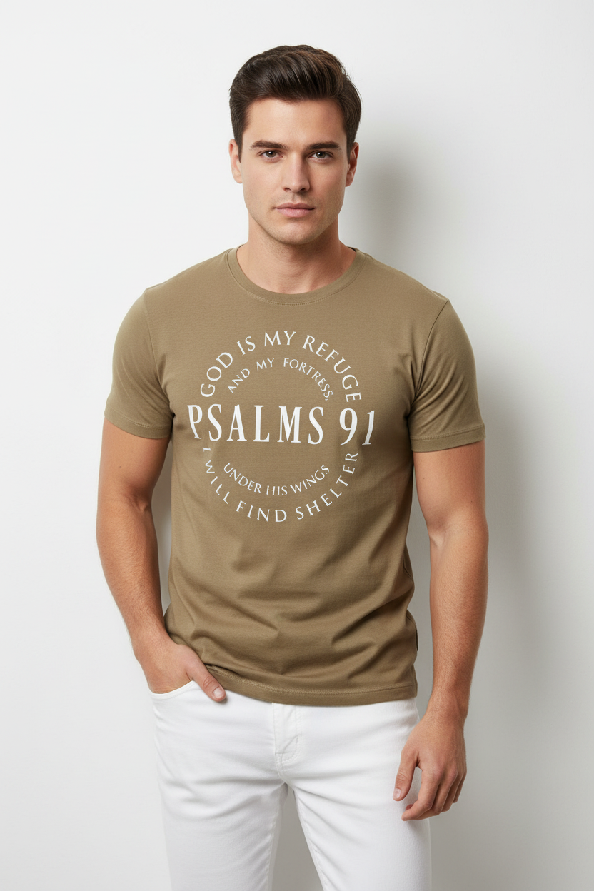 Psalm 91 “God Is My Refuge” T-Shirt – Christian Faith Graphic Tee | Men’s Inspirational Bible Shirt