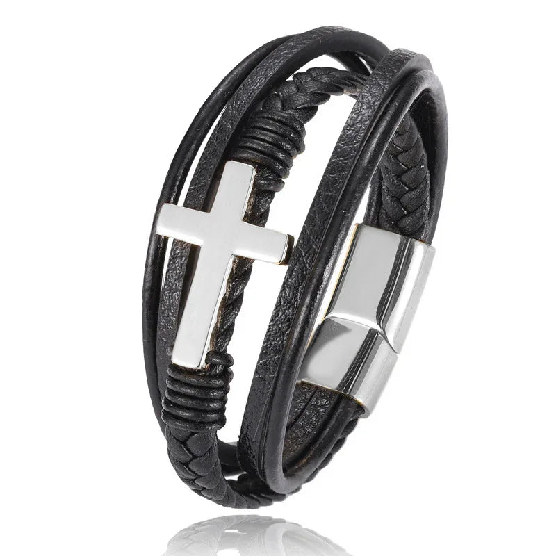 Multilayer Black Braided Leather Cross Bracelet - God Cloth