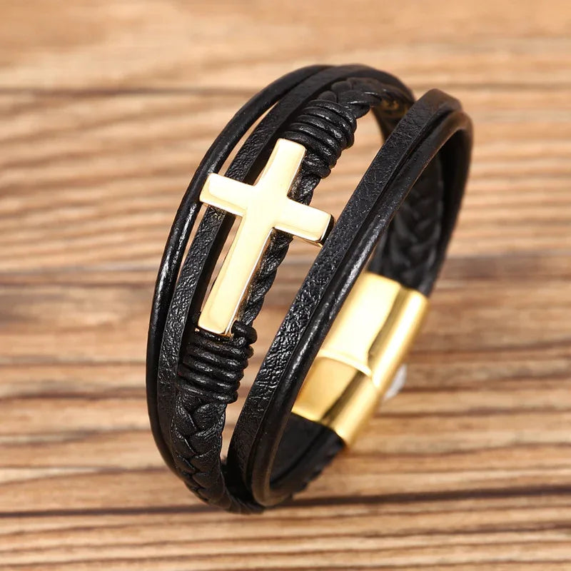 Multilayer Black Braided Leather Cross Bracelet - God Cloth