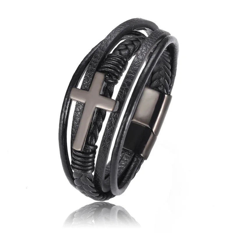 Multilayer Black Braided Leather Cross Bracelet - God Cloth