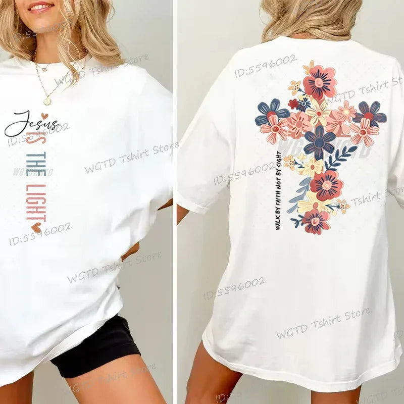 Jesus Is The Light Inspirational Floral Cross T Shirt - God Cloth