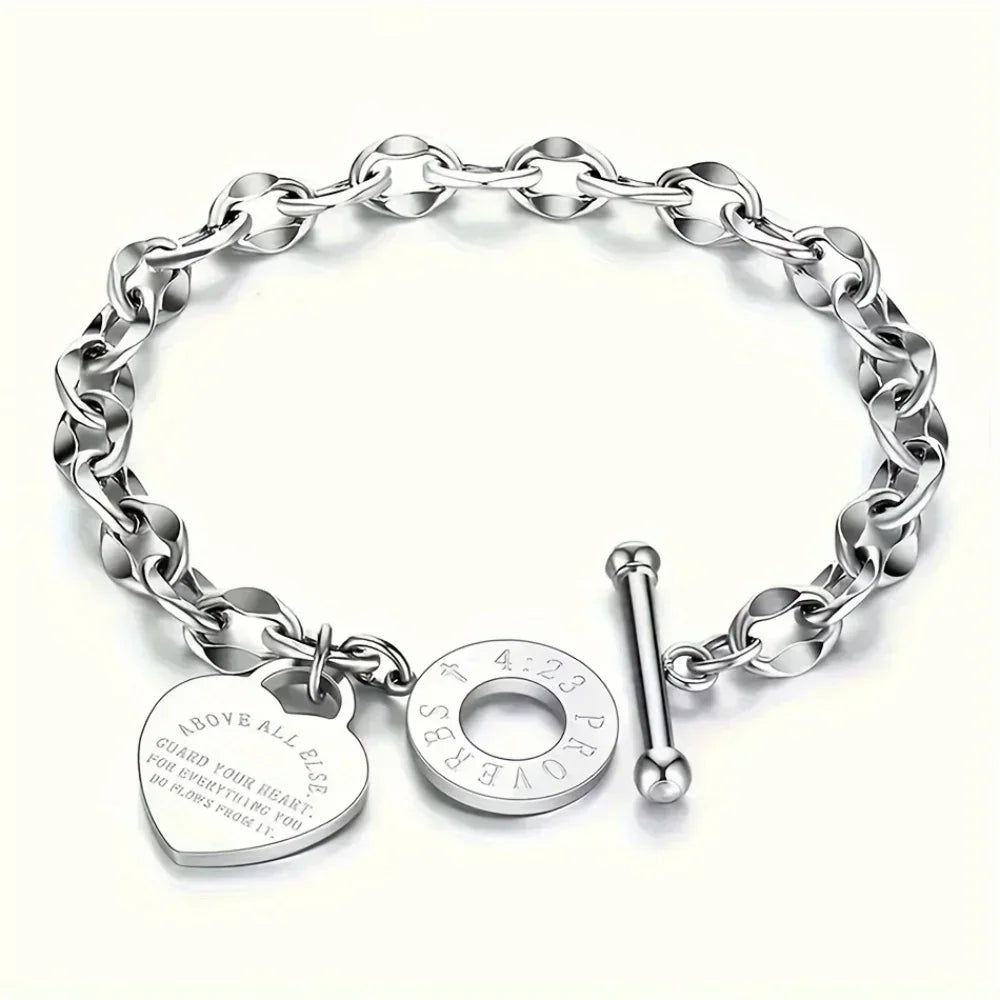Lady's Stainless Steel Scripture Heart Bracelet