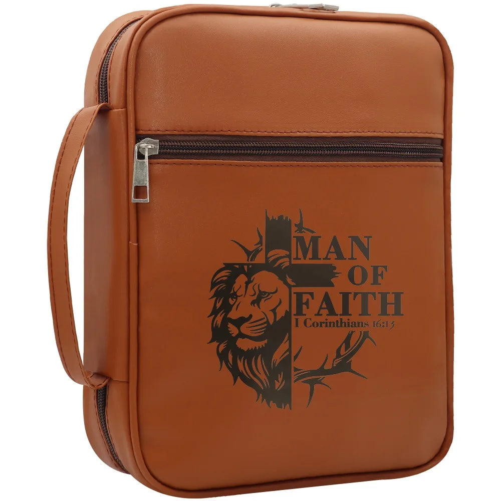 Men's "Man of Faith" Lion Cross Bible Cover with Handle – Christian Zipper Bible Case Organizer