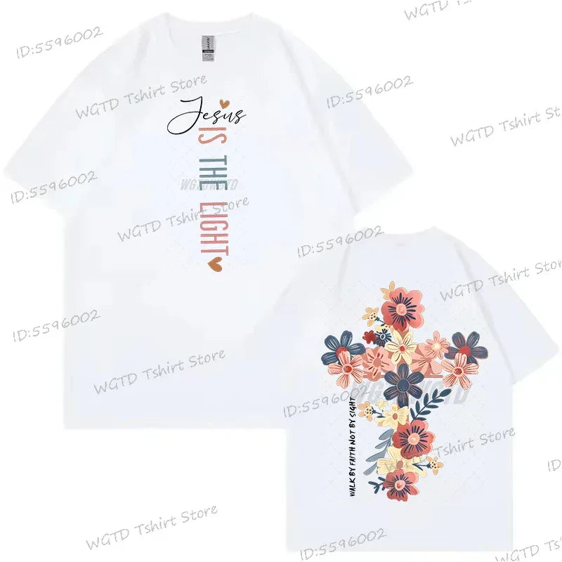Jesus Is The Light Inspirational Floral Cross T Shirt - God Cloth