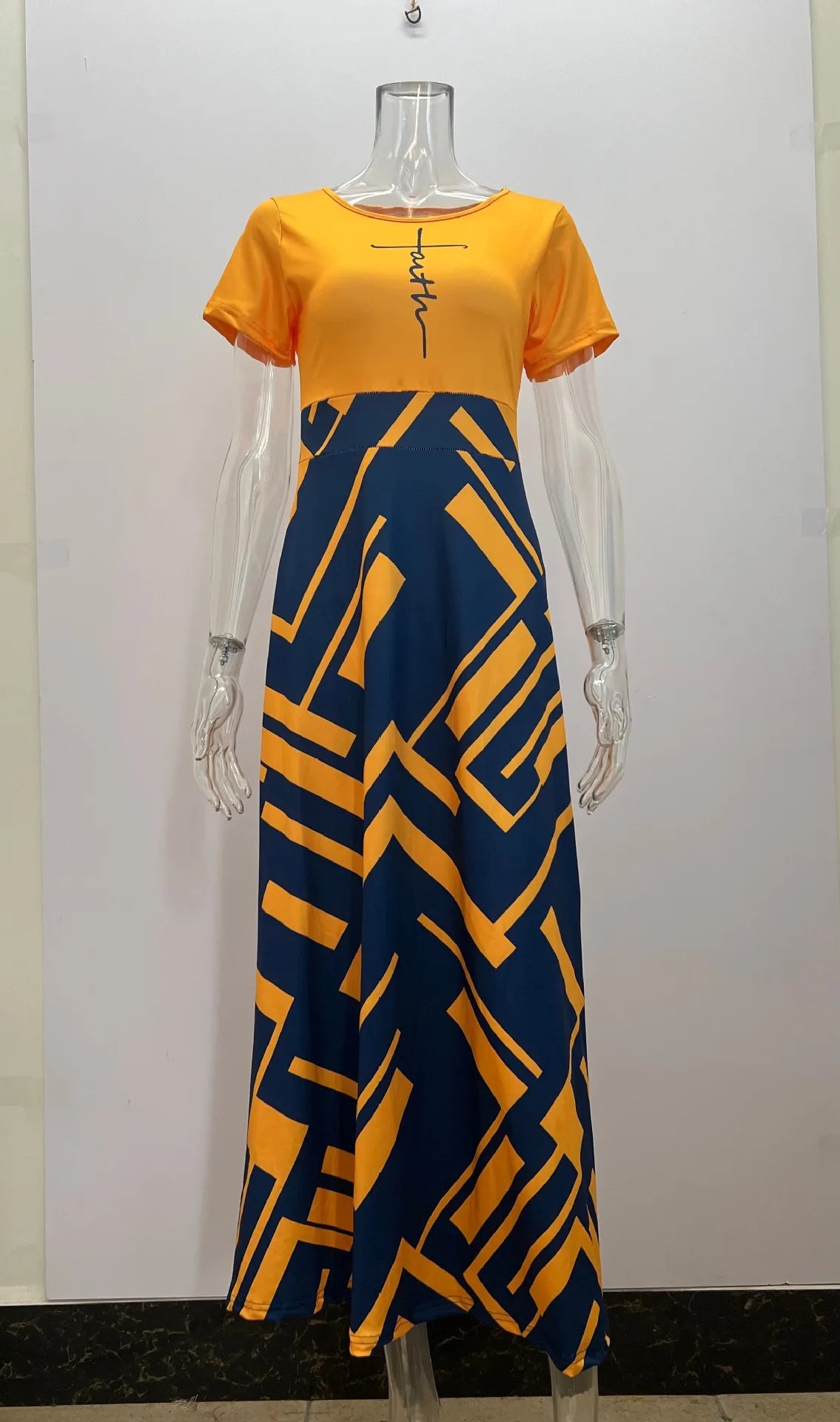 Blue and Gold Geo Faith Maxi Dress