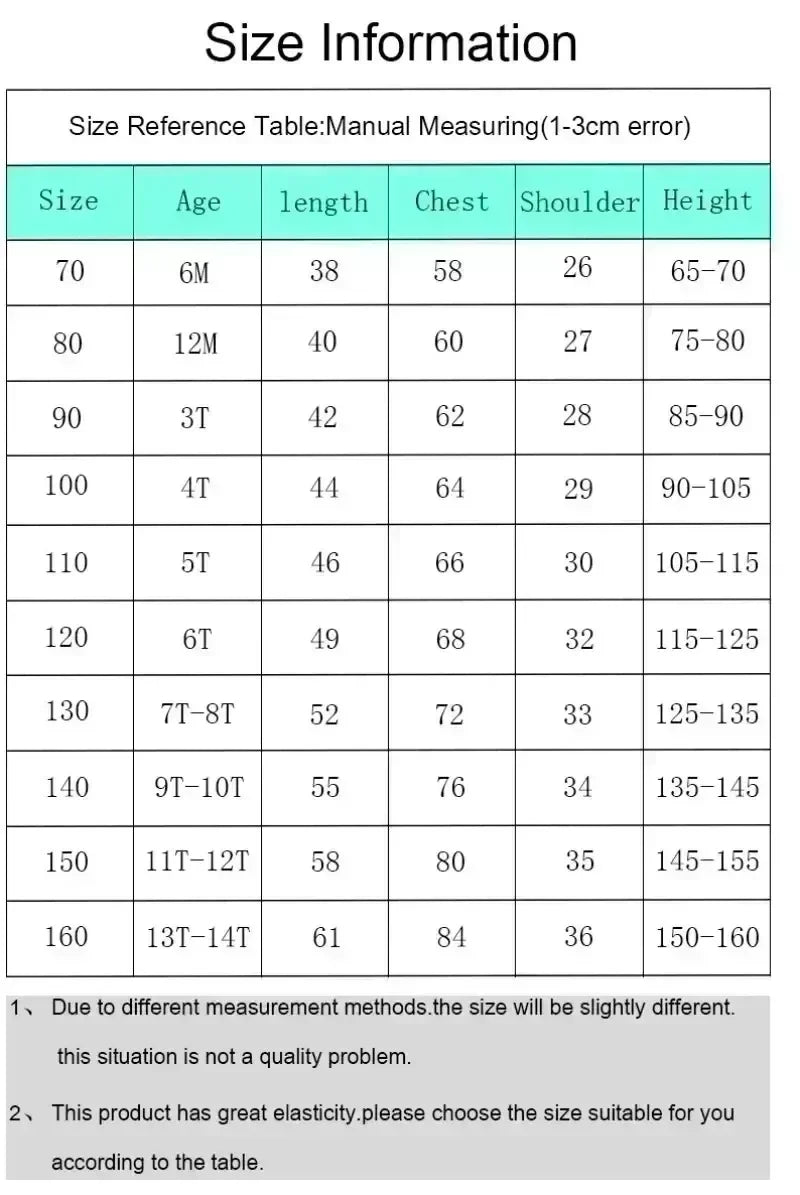 Size reference table for children's clothing with measurements in centimeters.
