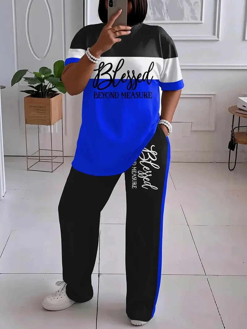 Women's Casual Colorblock Short-Sleeved Printed Loose Pocket Pants Suit