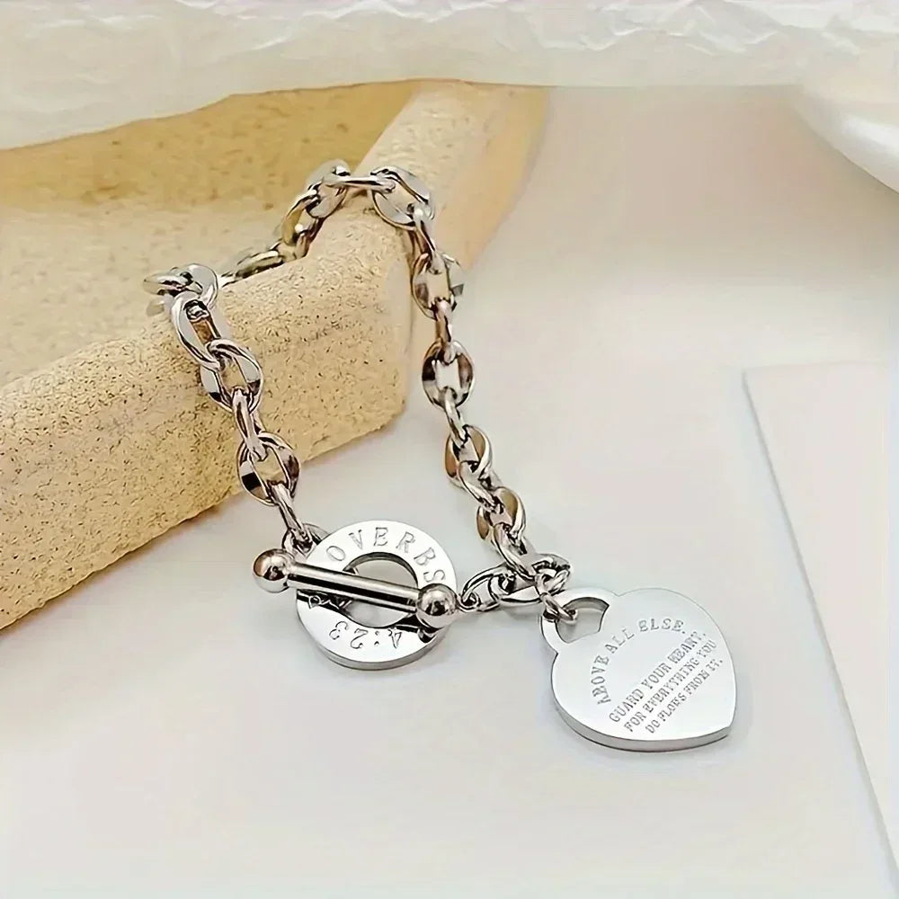 Lady's Stainless Steel Scripture Heart Bracelet - God Cloth