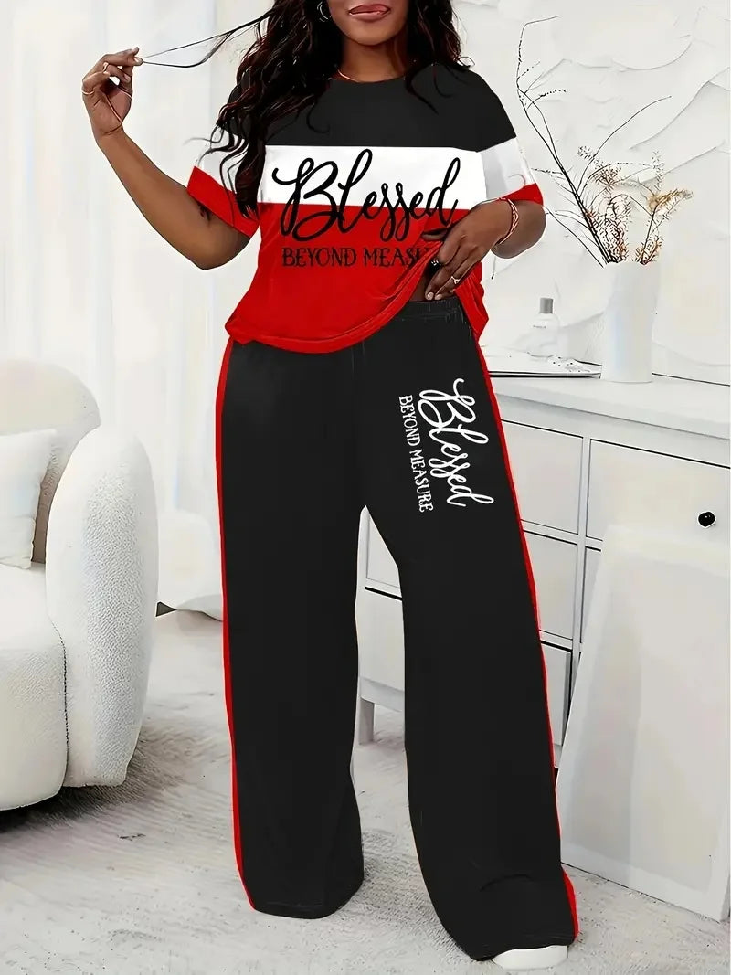Women's Casual Colorblock Short-Sleeved Printed Loose Pocket Pants Suit