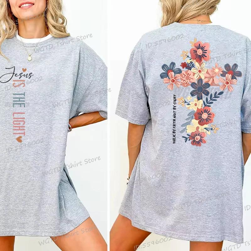 Jesus Is The Light Inspirational Floral Cross T Shirt - God Cloth