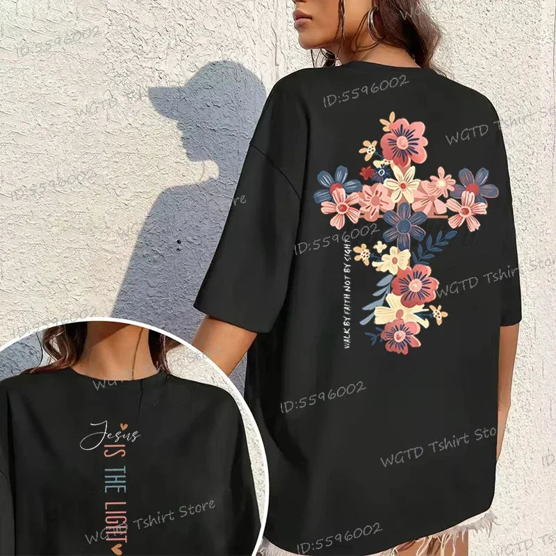 Jesus Is The Light Inspirational Floral Cross T Shirt - God Cloth