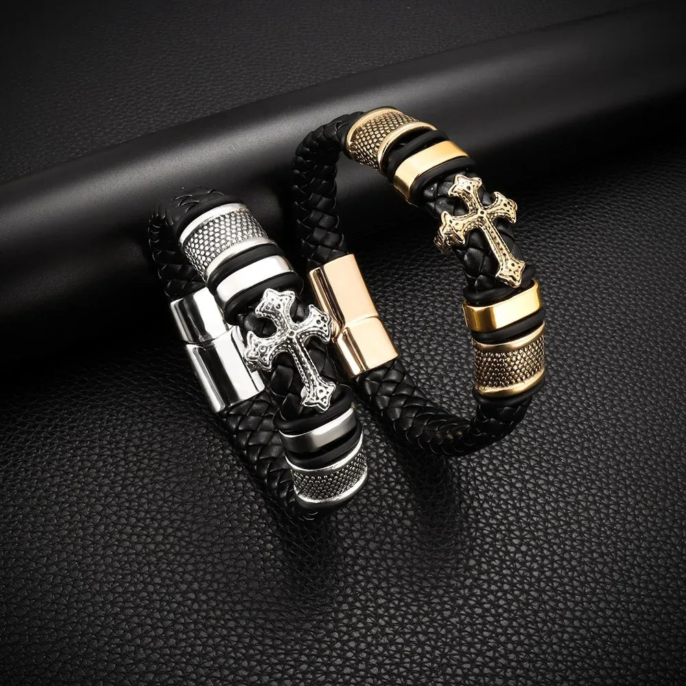Stainless Steel Cross on Braided Multilayer Leather Bracelet - God Cloth