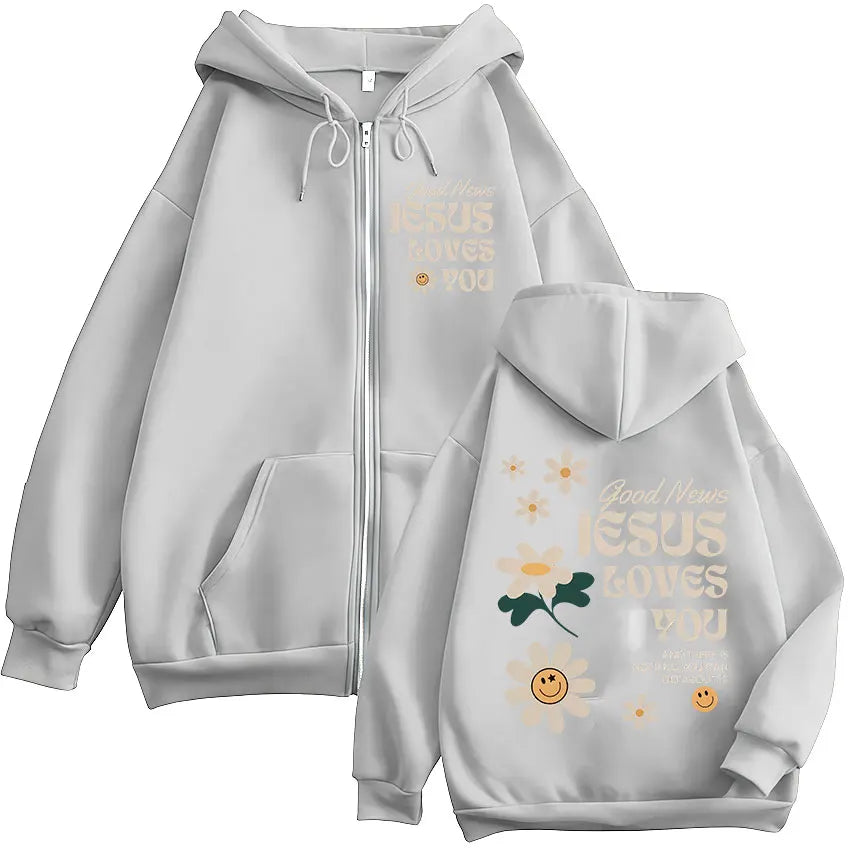Good News, Jesus Loves You Zip-Up Hoodie | Christian Floral Graphic Sweatshirt
