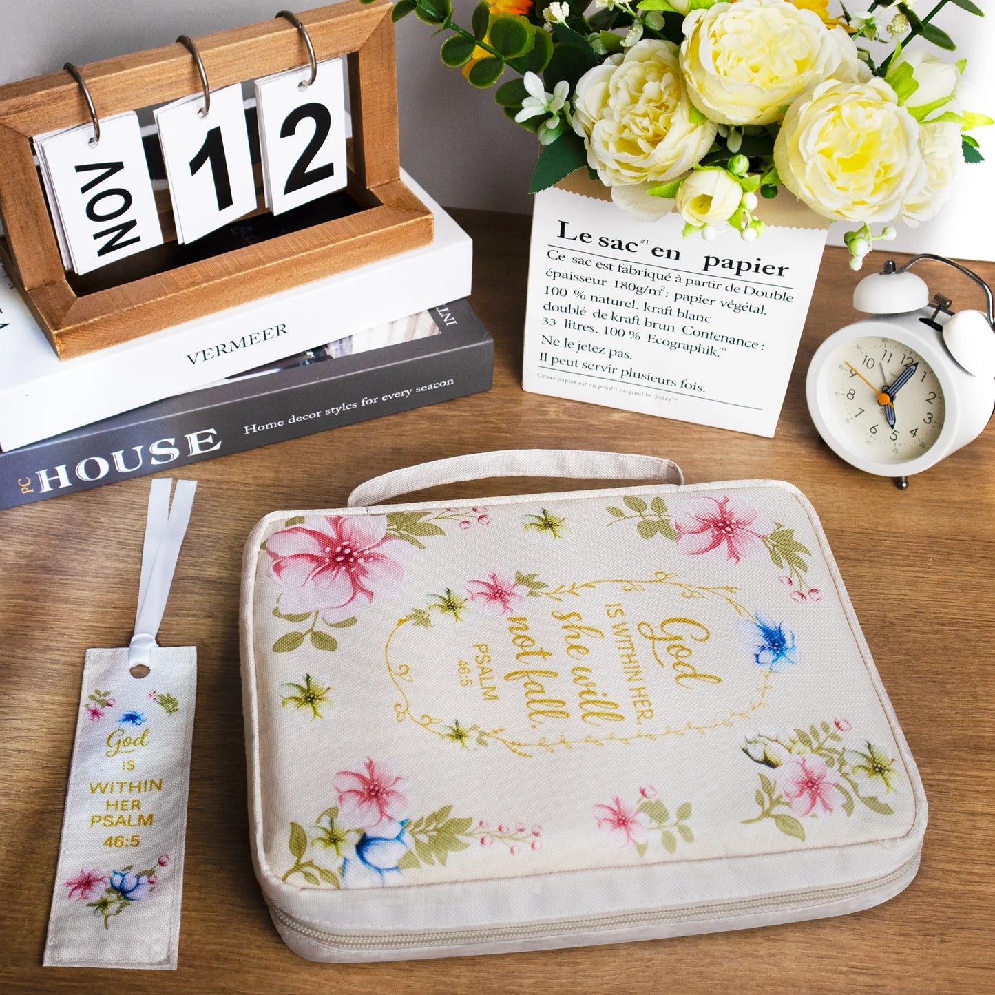 "God Is With Her" Psalm 46:5 Floral Bible Cover with Zipper & Handle