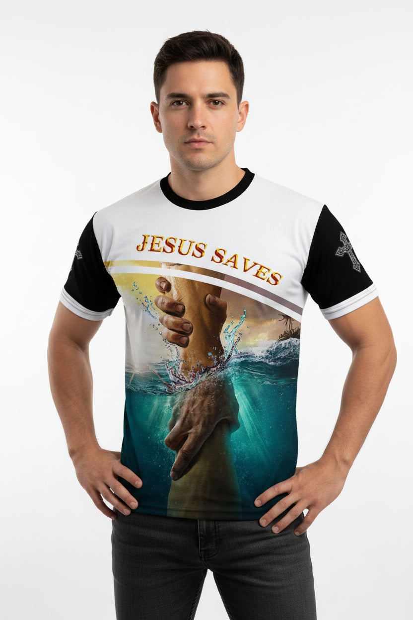 T-shirt with 'Jesus Saves' text and graphic design on a white background