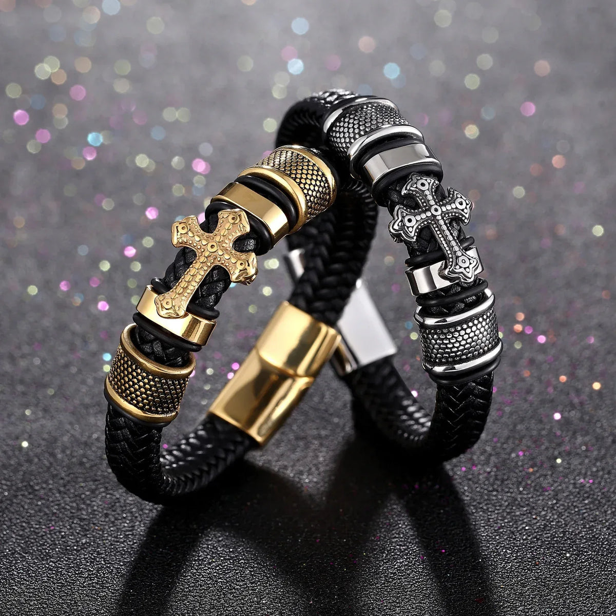 Stainless Steel Cross on Braided Multilayer Leather Bracelet - God Cloth
