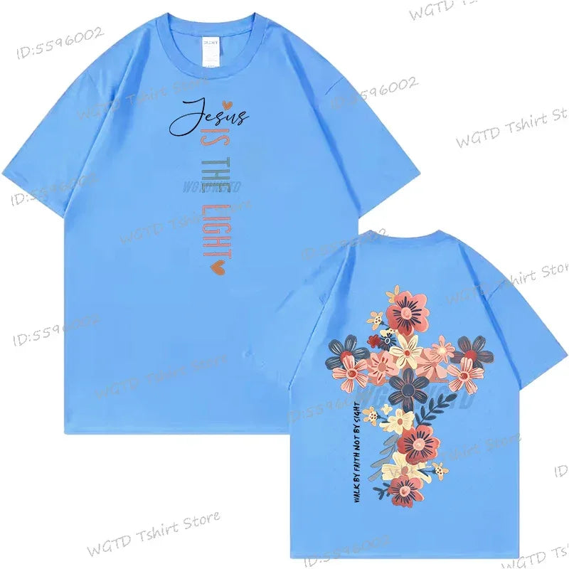 Jesus Is The Light Inspirational Floral Cross T Shirt - God Cloth