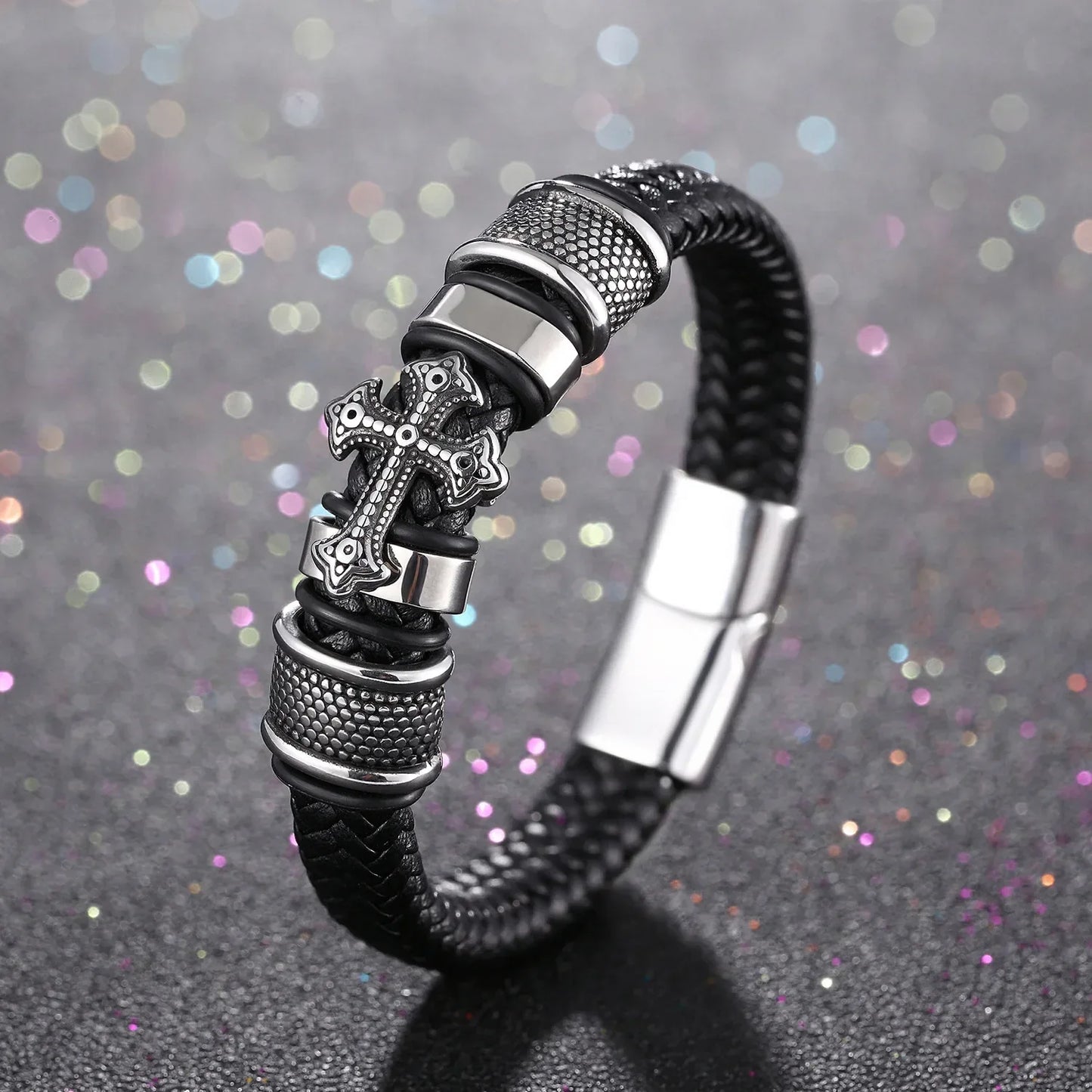 Stainless Steel Cross on Braided Multilayer Leather Bracelet - God Cloth