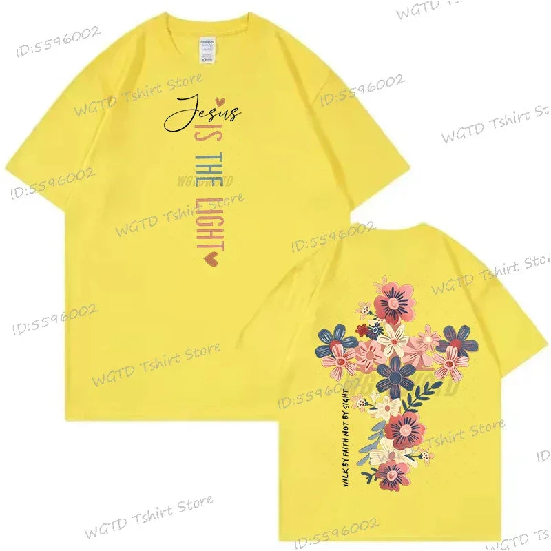 Jesus Is The Light Inspirational Floral Cross T Shirt - God Cloth
