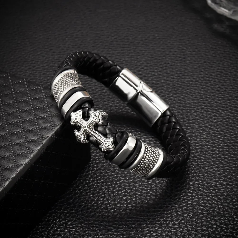 Stainless Steel Cross on Braided Multilayer Leather Bracelet - God Cloth