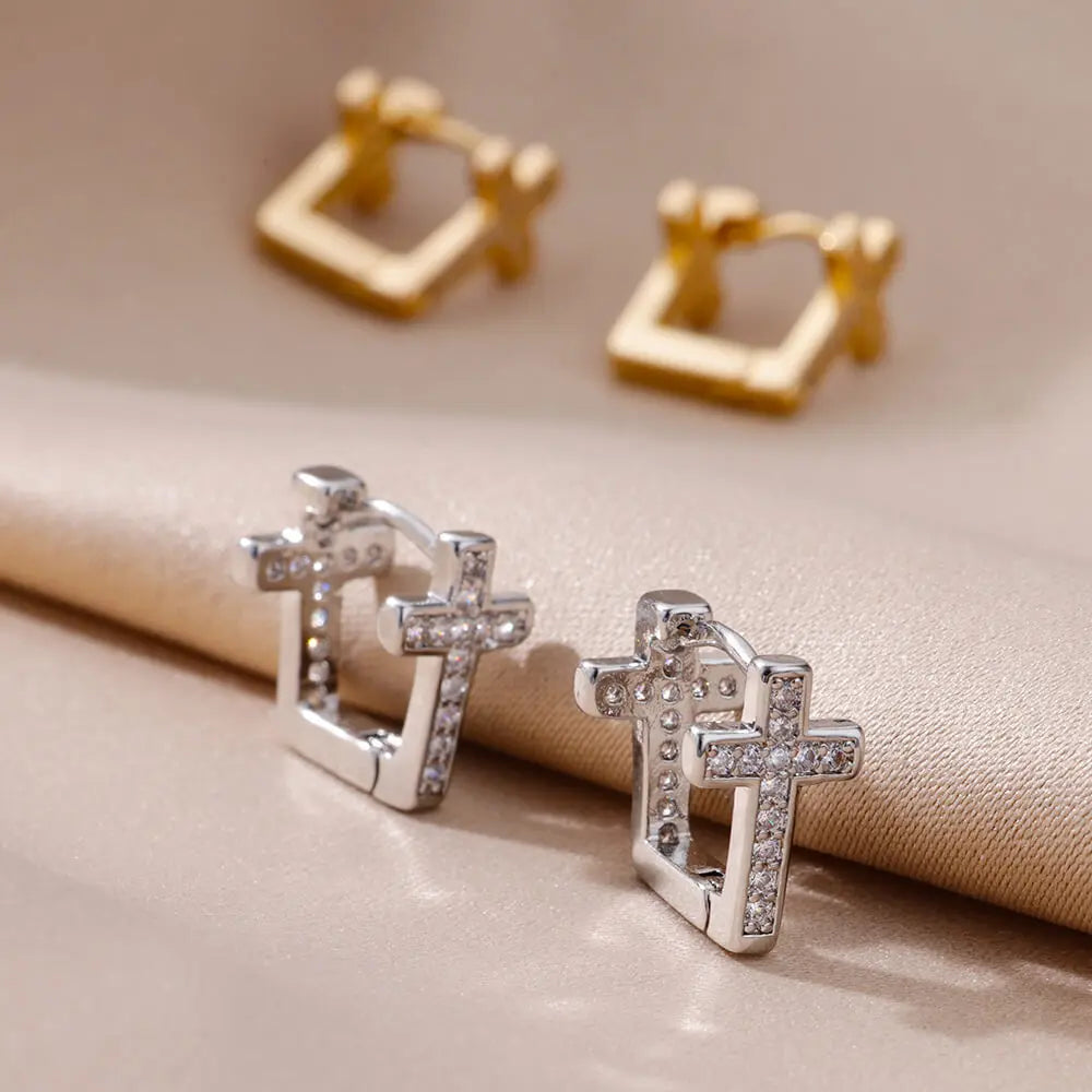CZ Cross Hoop Earrings