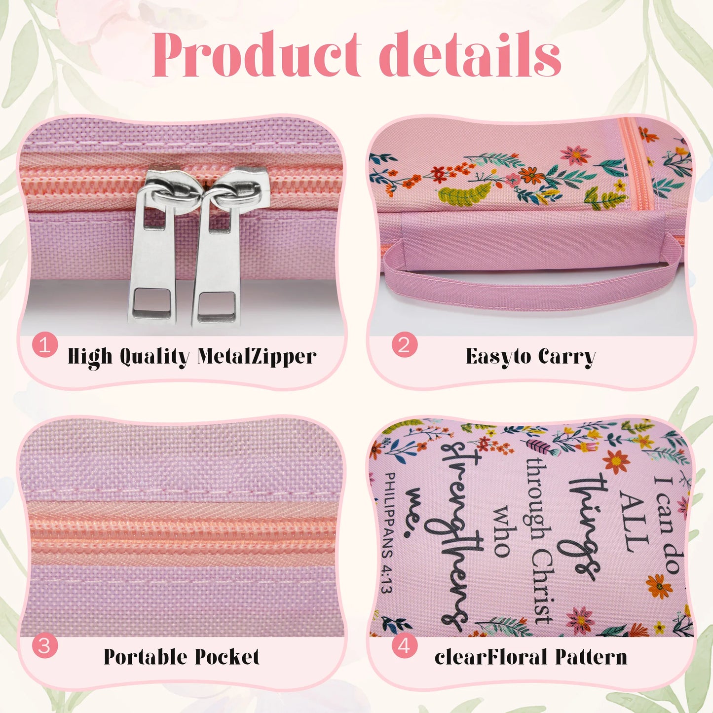 Pink Floral Philippians 4:13 Bible Cover for Women | Zipper Scripture Case with Handle