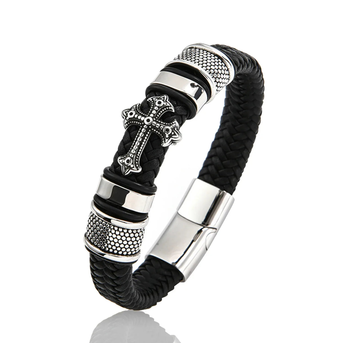 Stainless Steel Cross on Braided Multilayer Leather Bracelet - God Cloth