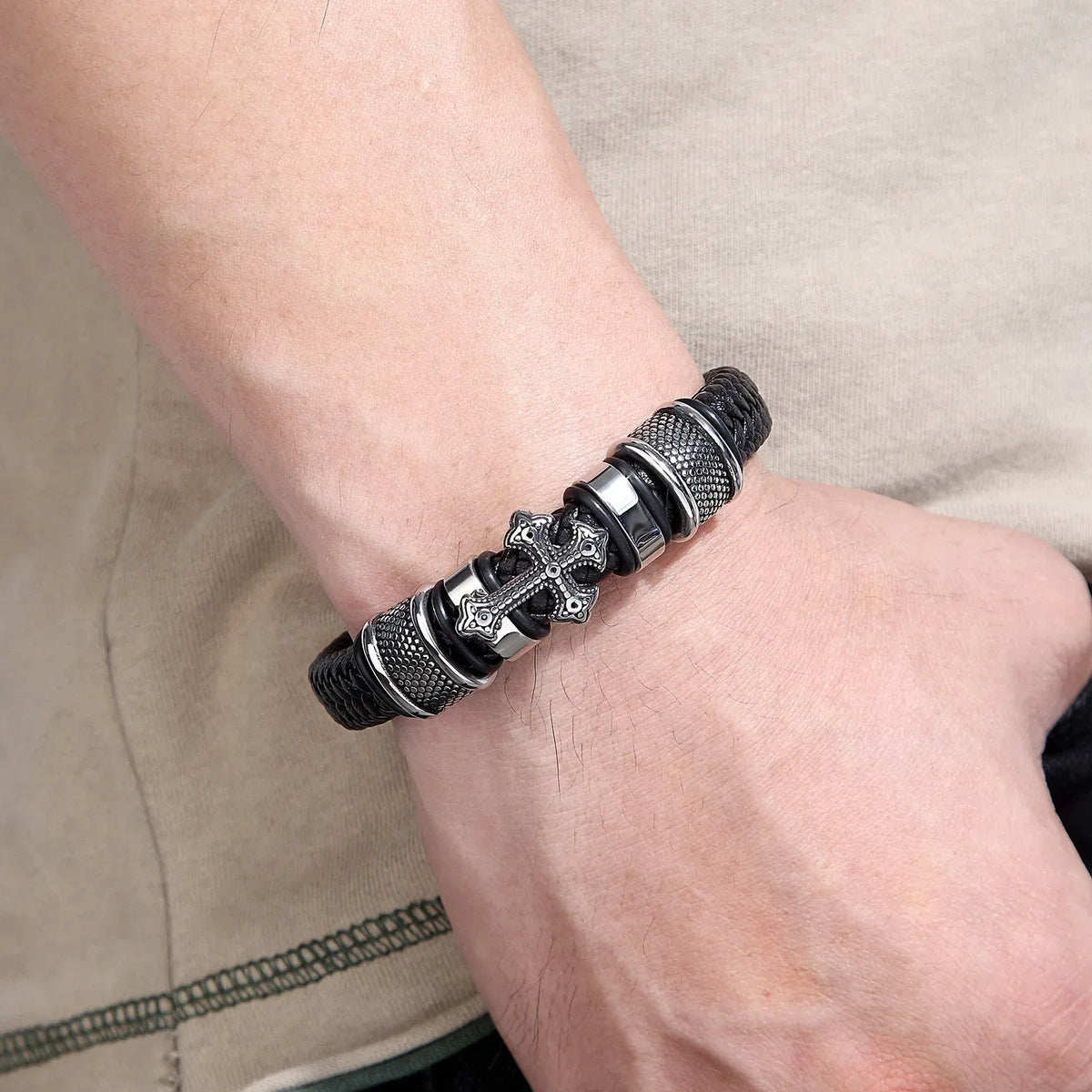 Stainless Steel Cross on Braided Multilayer Leather Bracelet - God Cloth