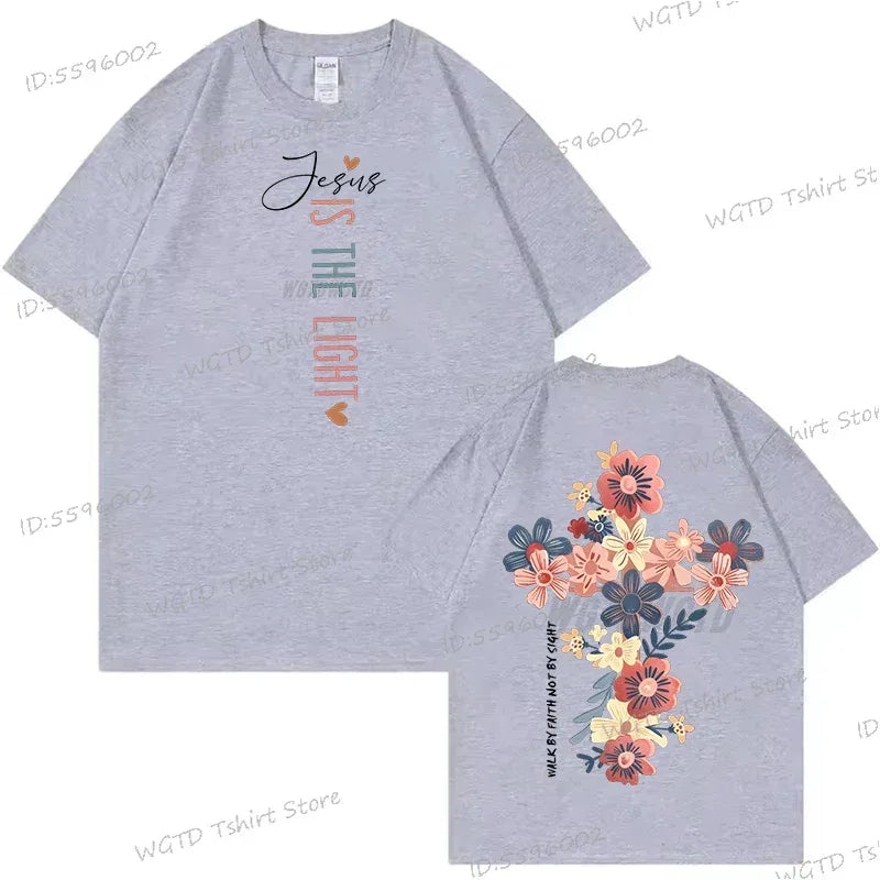 Jesus Is The Light Inspirational Floral Cross T Shirt - God Cloth