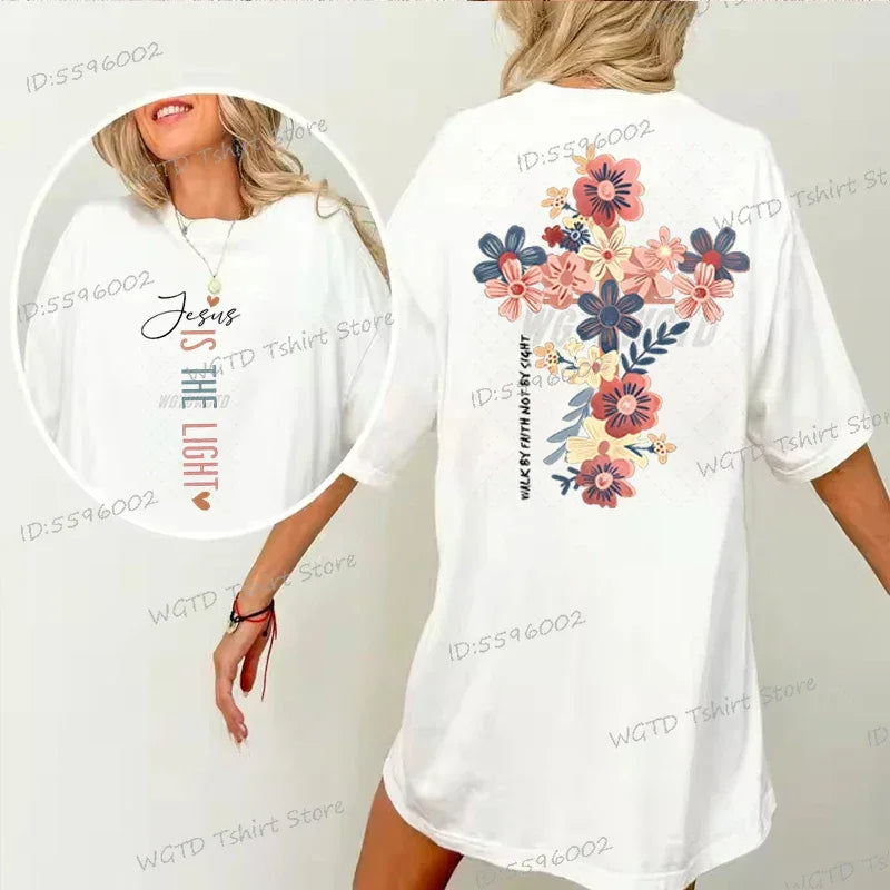 Jesus Is The Light Inspirational Floral Cross T Shirt - God Cloth