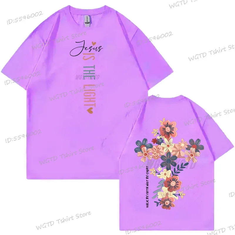 Jesus Is The Light Inspirational Floral Cross T Shirt - God Cloth
