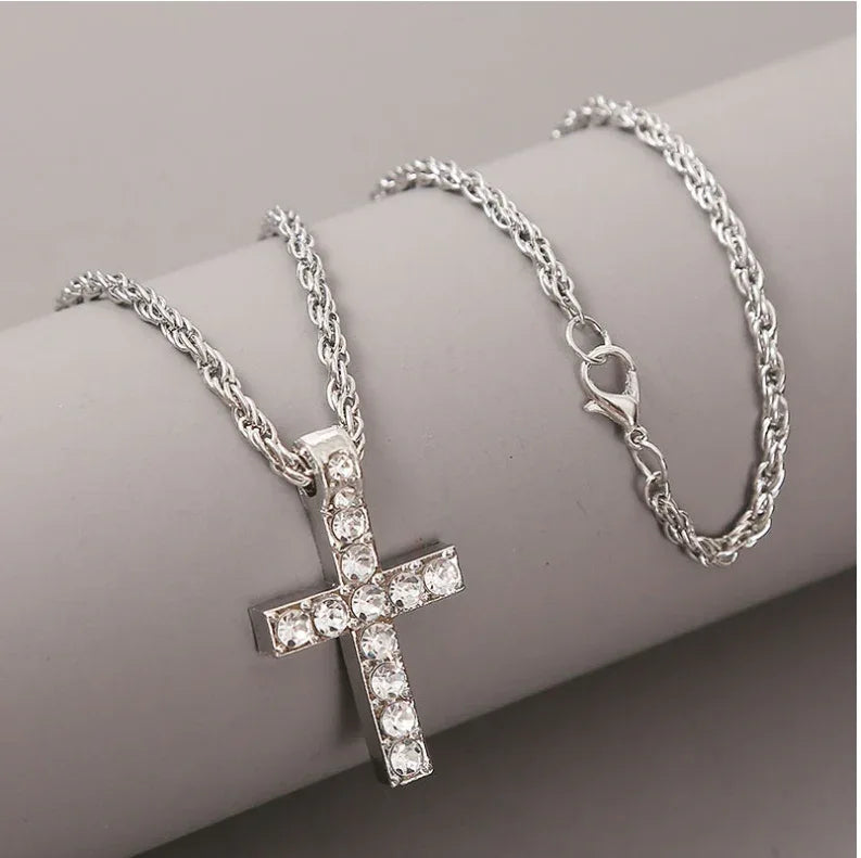 Unisex Silver Rhinestone Cross Pendant Necklaces - God Cloth