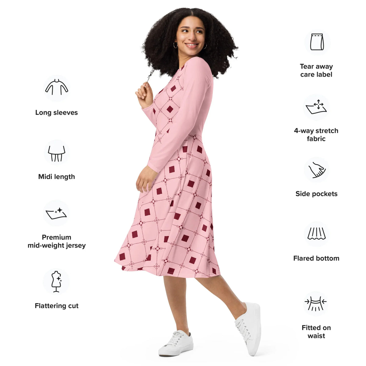 Custom Pink Diamond Long Sleeve Midi Dress - God Cloth