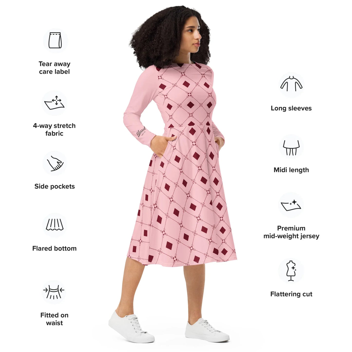 Custom Pink Diamond Long Sleeve Midi Dress - God Cloth