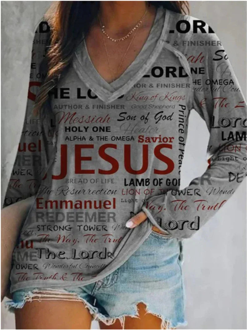 Jesus Name Long Sleeve V-Neck Top - God Cloth