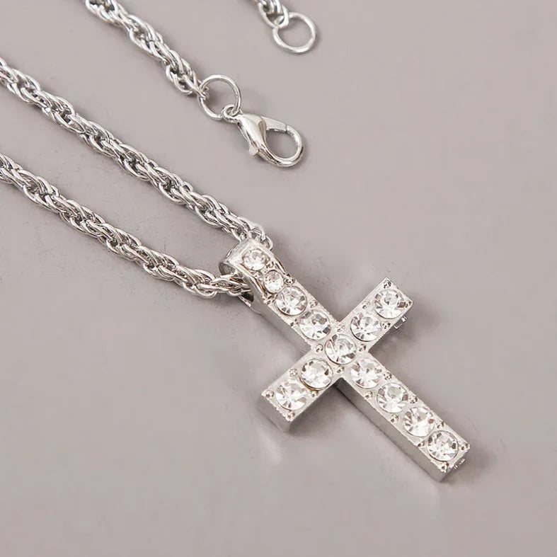 Unisex Silver Rhinestone Cross Pendant Necklaces - God Cloth