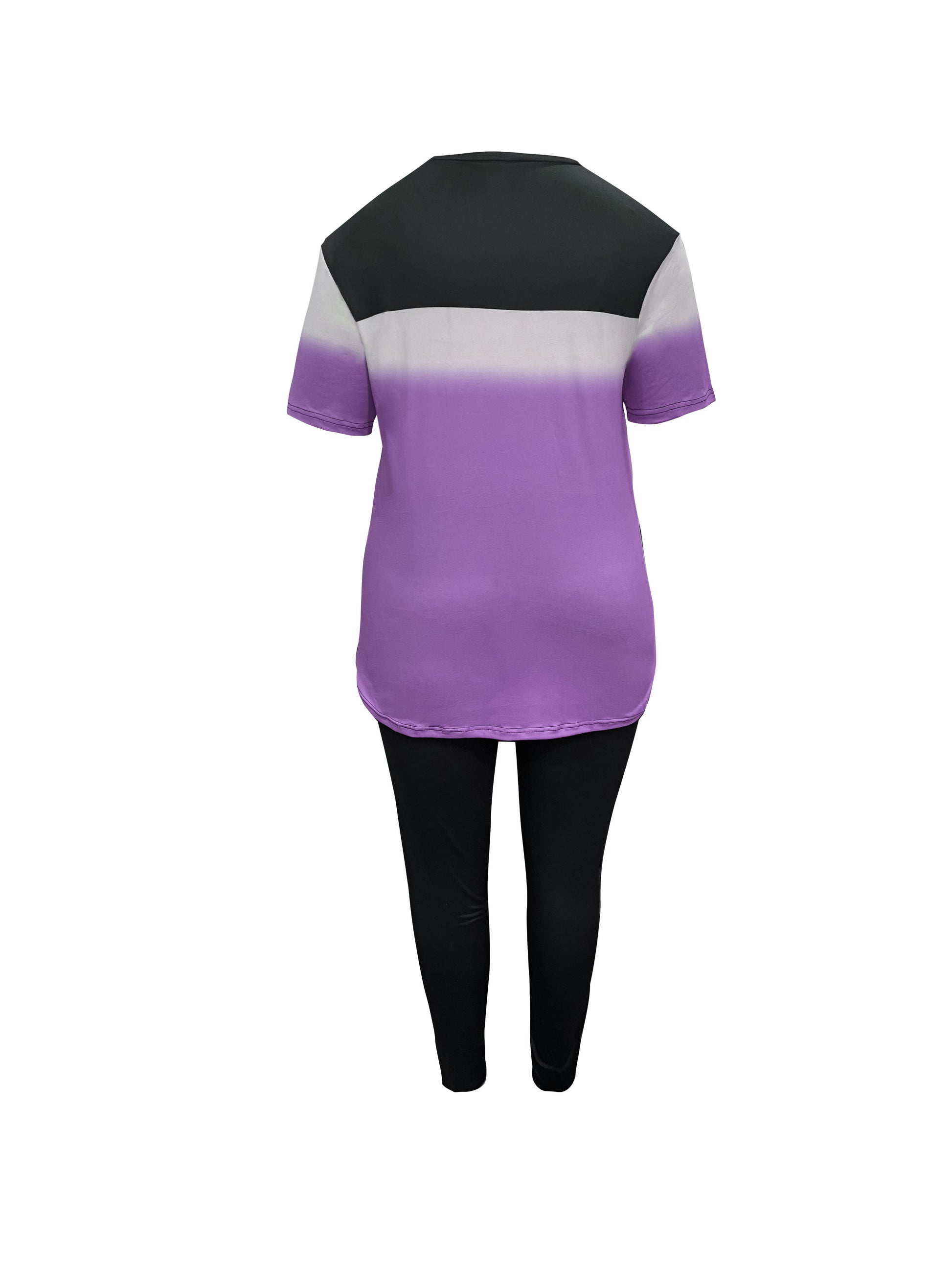 Purple and black gradient t-shirt with black leggings on a white background