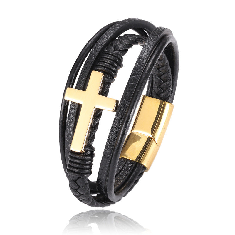 Multilayer Black Braided Leather Cross Bracelet