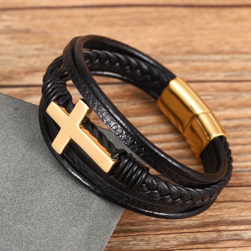 Multilayer Black Braided Leather Cross Bracelet