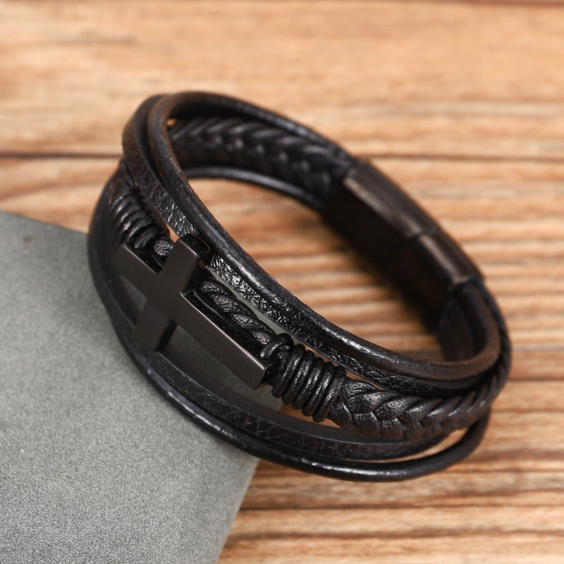 Multilayer Black Braided Leather Cross Bracelet
