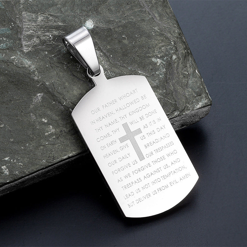 Stainless Steel Tag Cross and Scripture Pendant Necklace