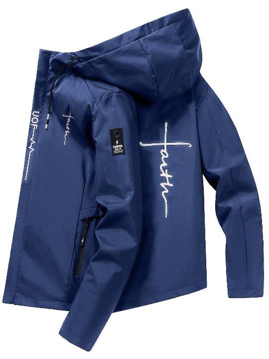 Blue jacket with 'faith' text 