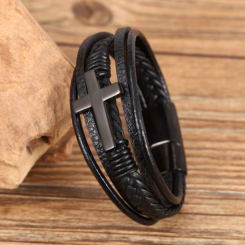 Multilayer Black Braided Leather Cross Bracelet