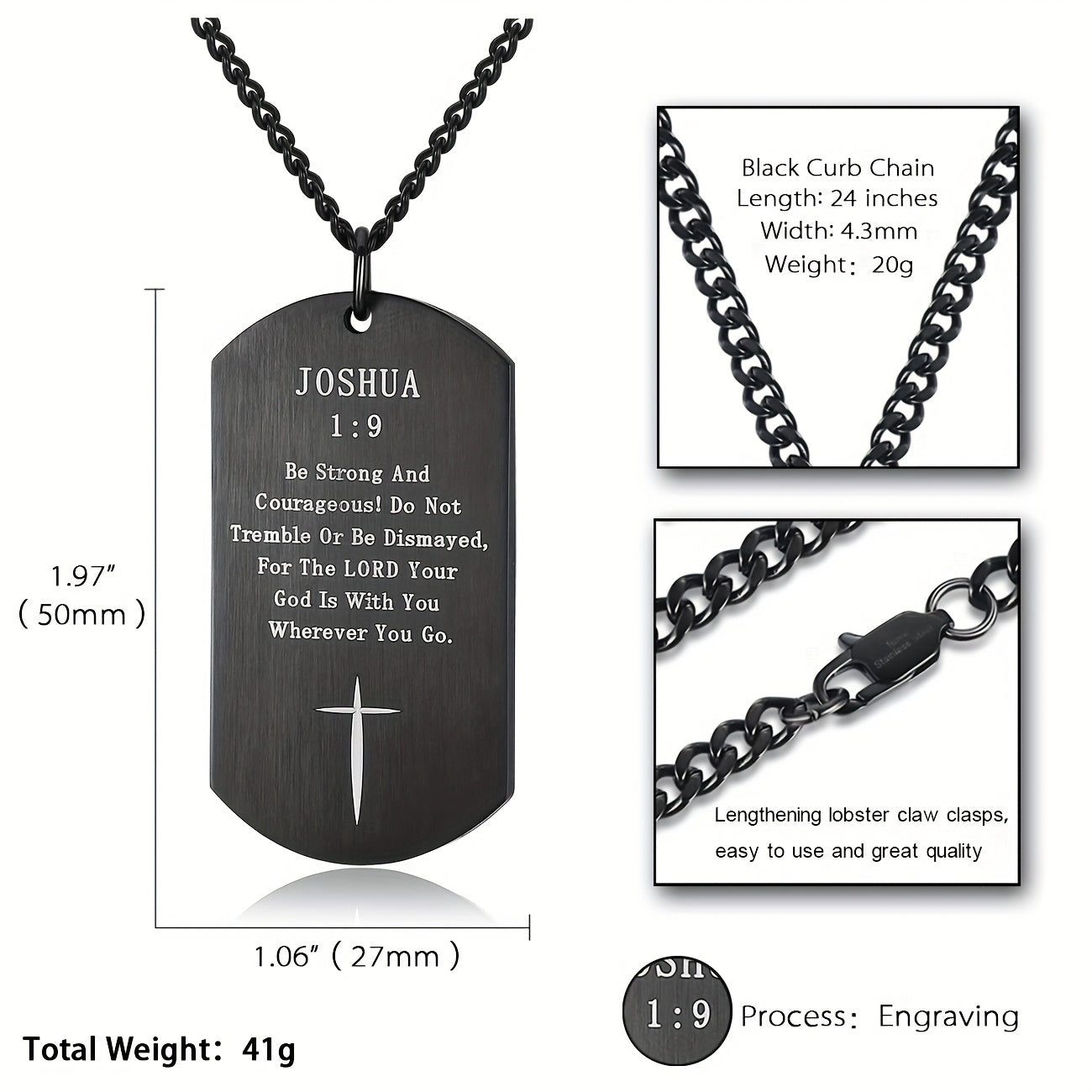 Black Stainless Steel Bible Verse Cross Necklace for Men