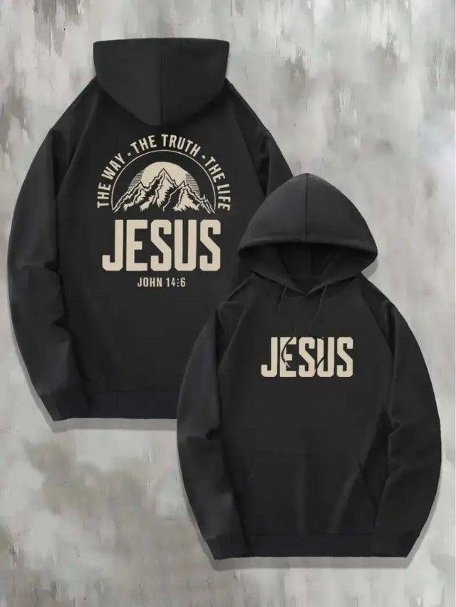 Black hoodies with 'Jesus' and mountain design 