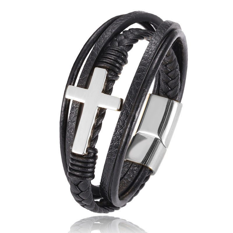Multilayer Black Braided Leather Cross Bracelet
