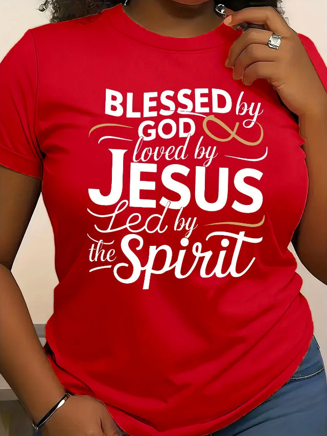 Red t-shirt with white text 'Blessed by God, loved by Jesus, led by the Spirit' 